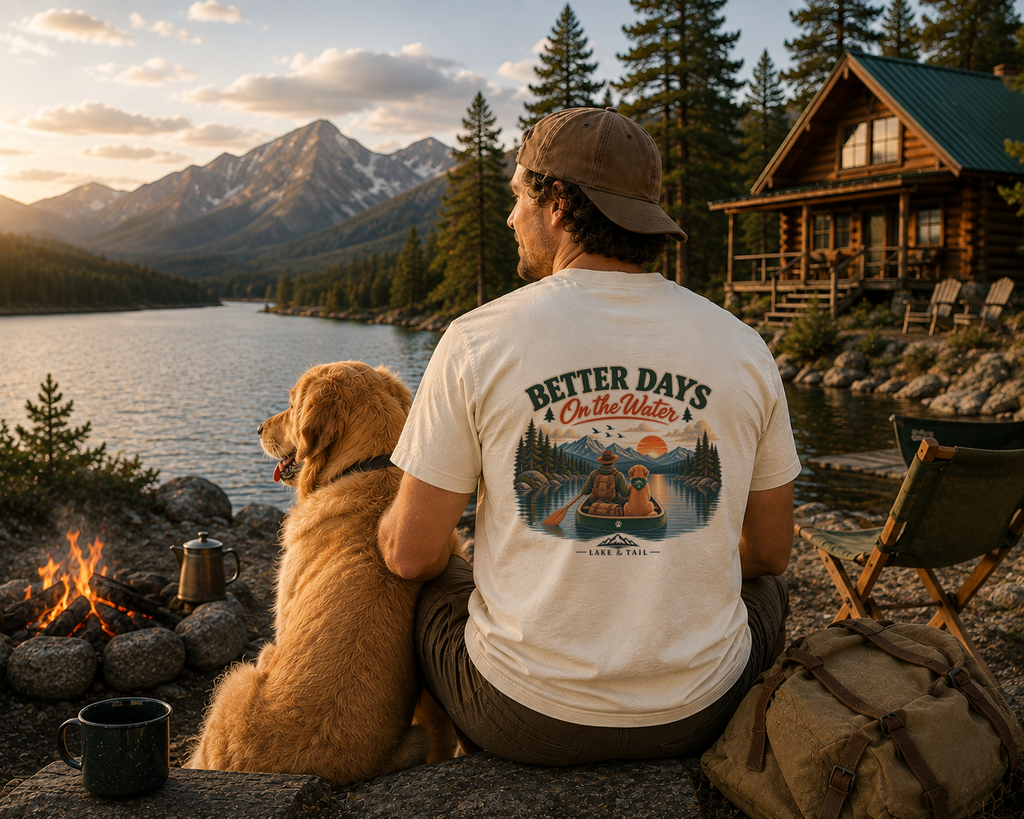 Golden Retriever Fishing T-Shirt | Better Days on the Water | Lake & Tail