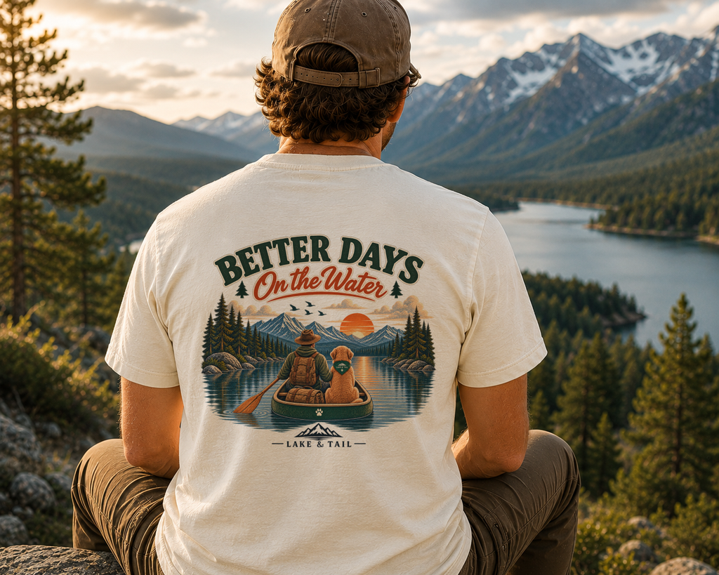 Golden Retriever Fishing T-Shirt | Better Days on the Water | Lake & Tail
