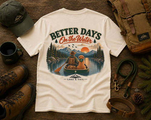 Golden Retriever Fishing T-Shirt | Better Days on the Water | Lake & Tail
