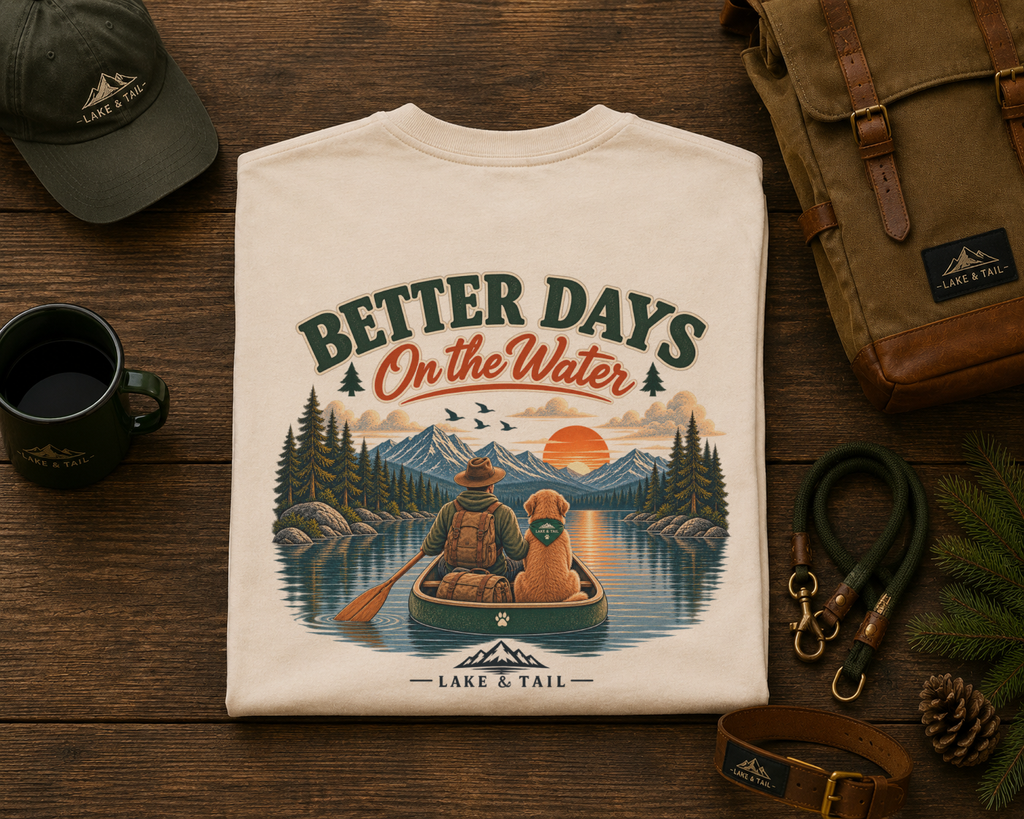 Golden Retriever Fishing T-Shirt | Better Days on the Water | Lake & Tail