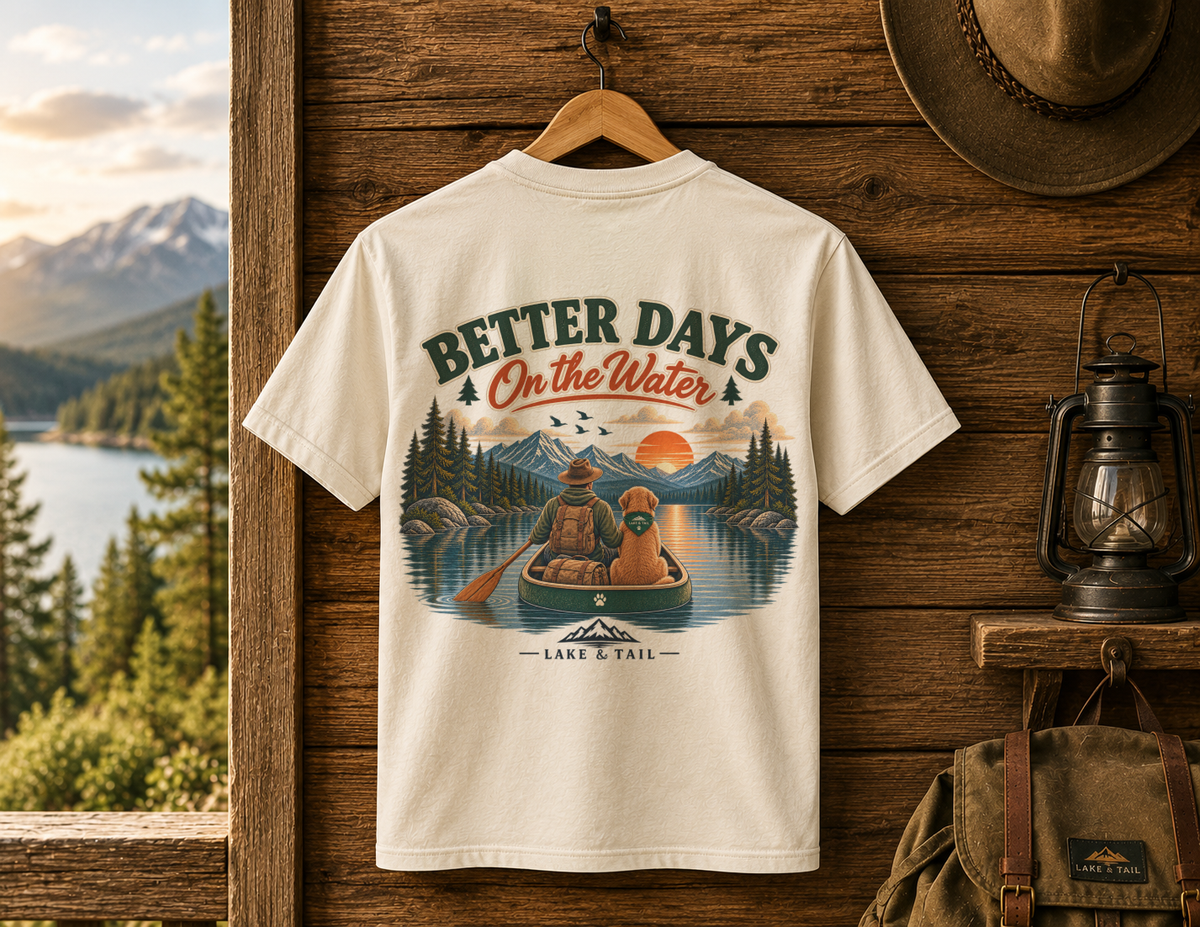 Golden Retriever Fishing T-Shirt | Better Days on the Water | Lake & Tail
