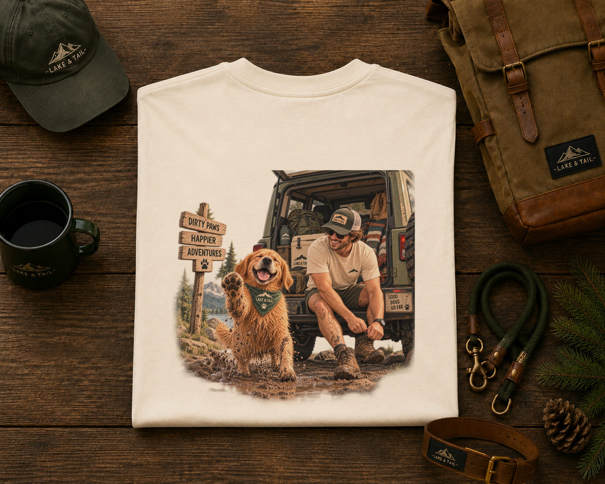 Dirty Paws, Happier Adventures | Golden Retriever Hiking T-Shirt