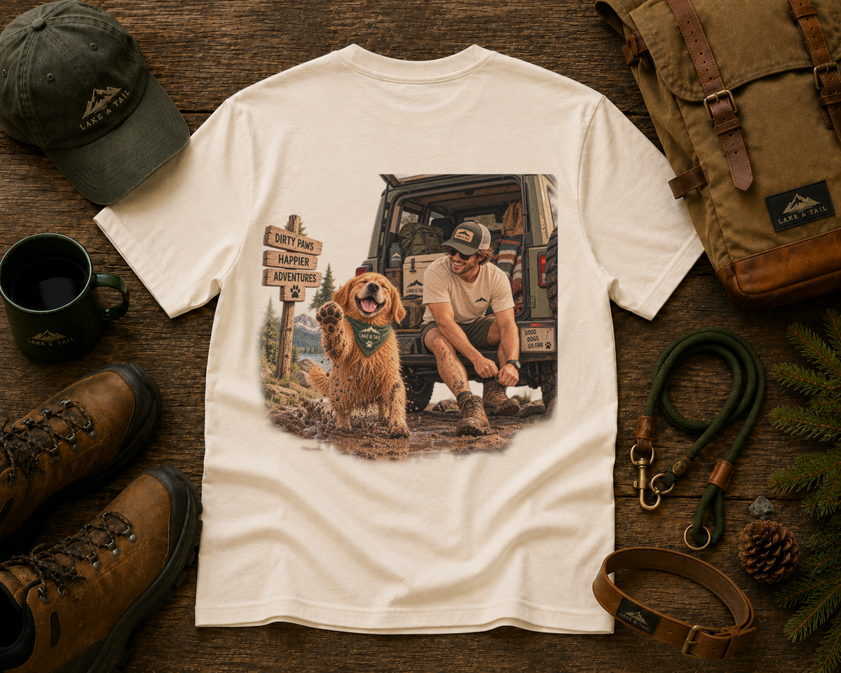 Dirty Paws, Happier Adventures | Golden Retriever Hiking T-Shirt