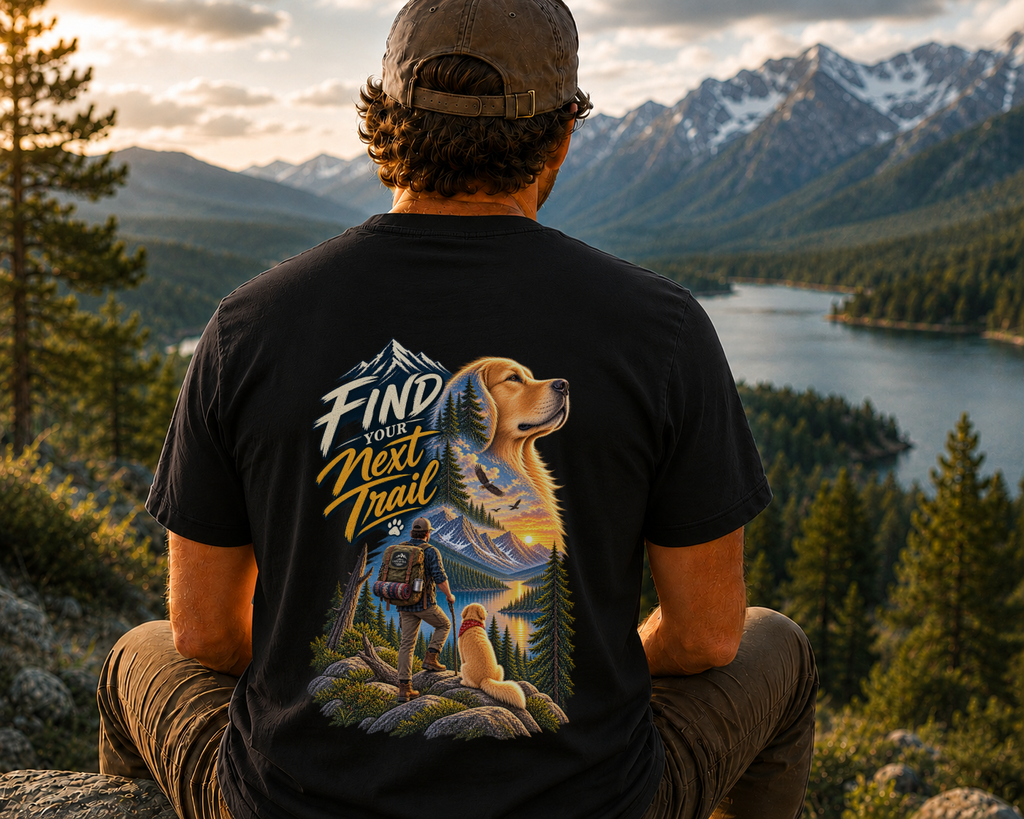 Golden Retriever Hiking T-Shirt | Find Your Next Trail | Lake & Tail