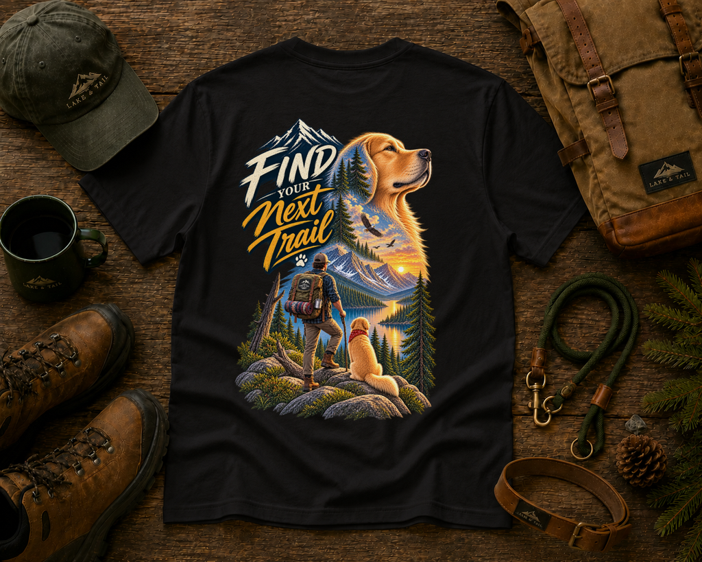 Golden Retriever Hiking T-Shirt | Find Your Next Trail | Lake & Tail