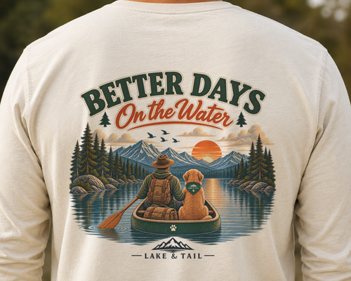 Golden Retriever Fishing T-Shirt | Better Days on the Water | Lake & Tail