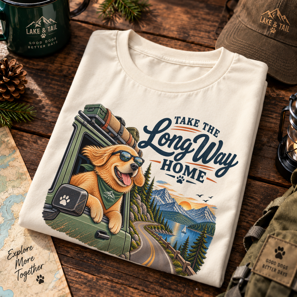 Golden Retriever Road Trip T-Shirt | Take the Long Way Home | Vintage Outdoor Dog Tee