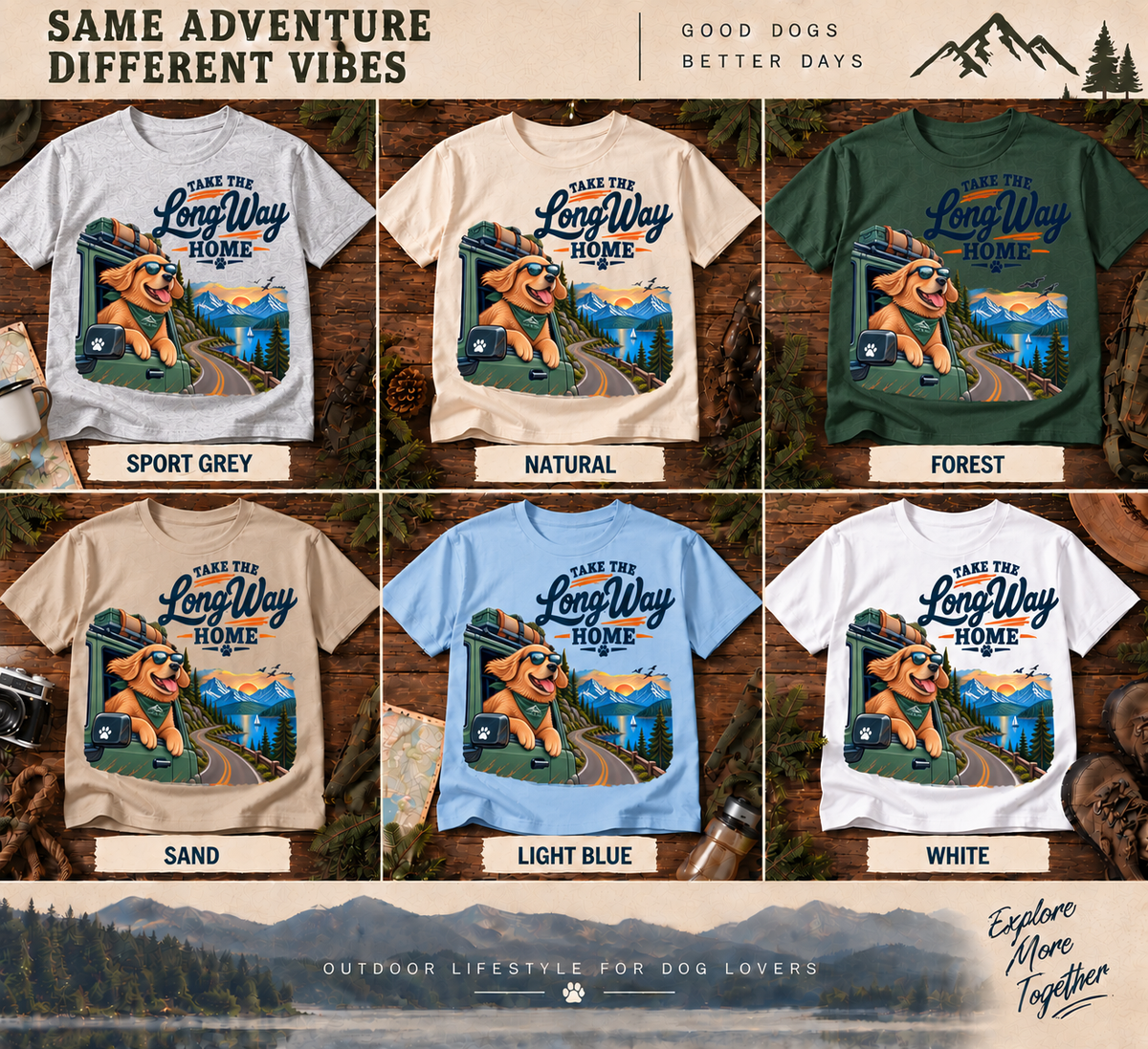 Golden Retriever Road Trip T-Shirt | Take the Long Way Home | Vintage Outdoor Dog Tee