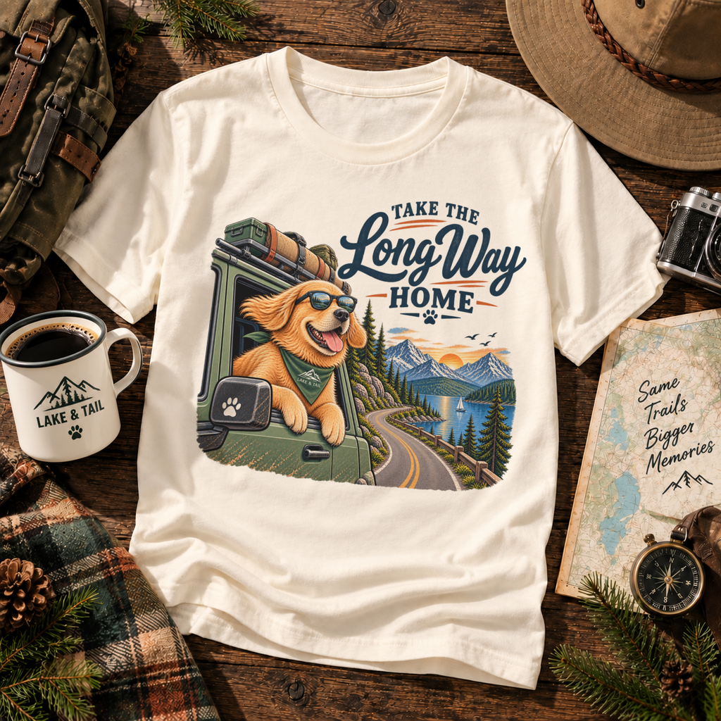 Golden Retriever Road Trip T-Shirt | Take the Long Way Home | Vintage Outdoor Dog Tee
