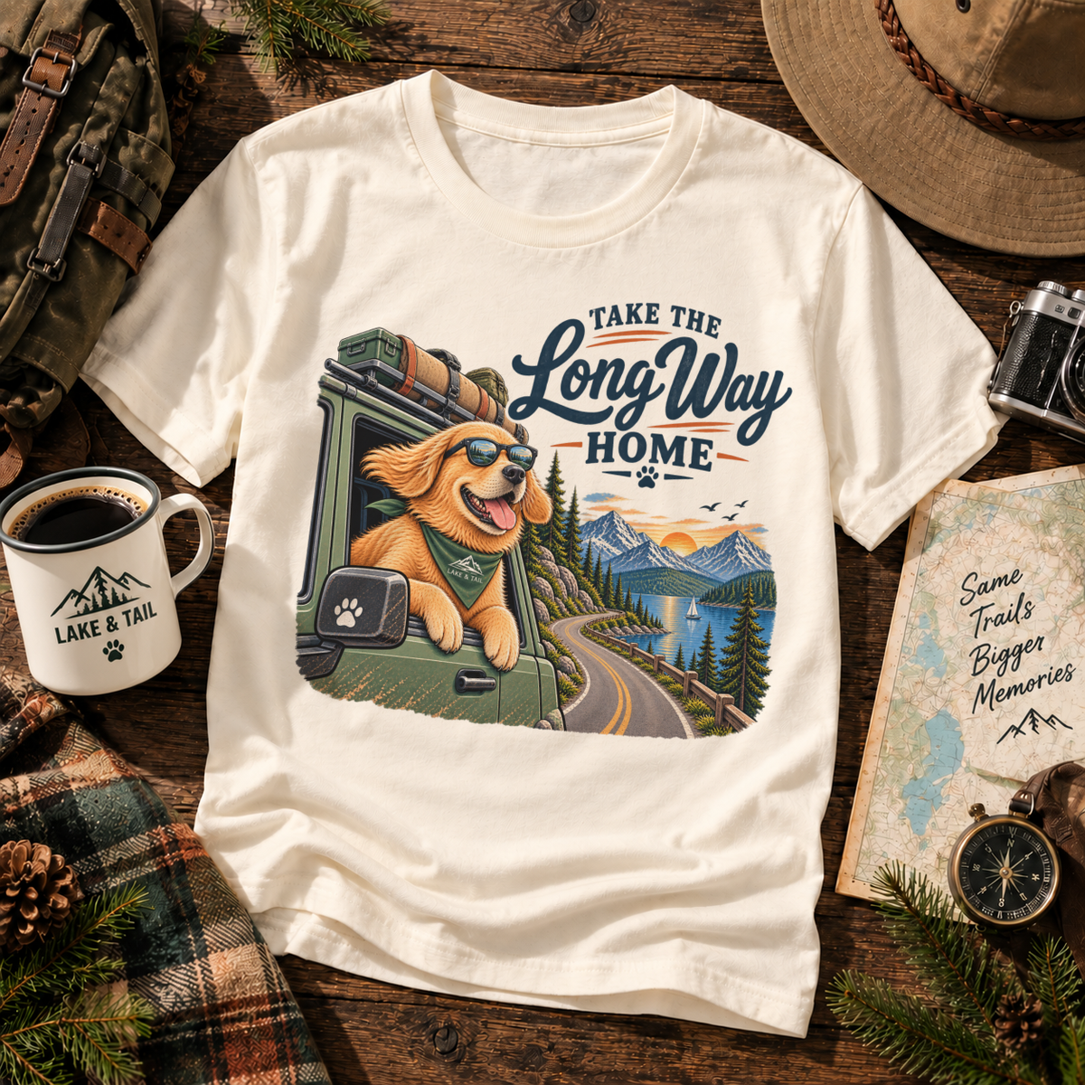 Golden Retriever Road Trip T-Shirt | Take the Long Way Home | Vintage Outdoor Dog Tee
