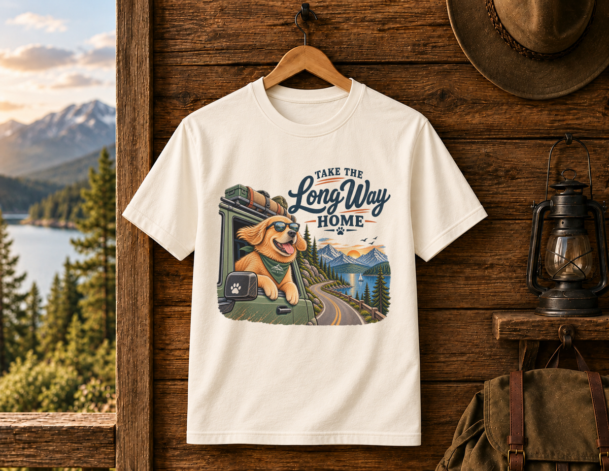 Golden Retriever Road Trip T-Shirt | Take the Long Way Home | Vintage Outdoor Dog Tee