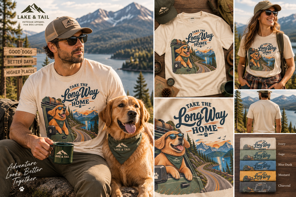 Golden Retriever Road Trip T-Shirt | Take the Long Way Home | Vintage Outdoor Dog Tee
